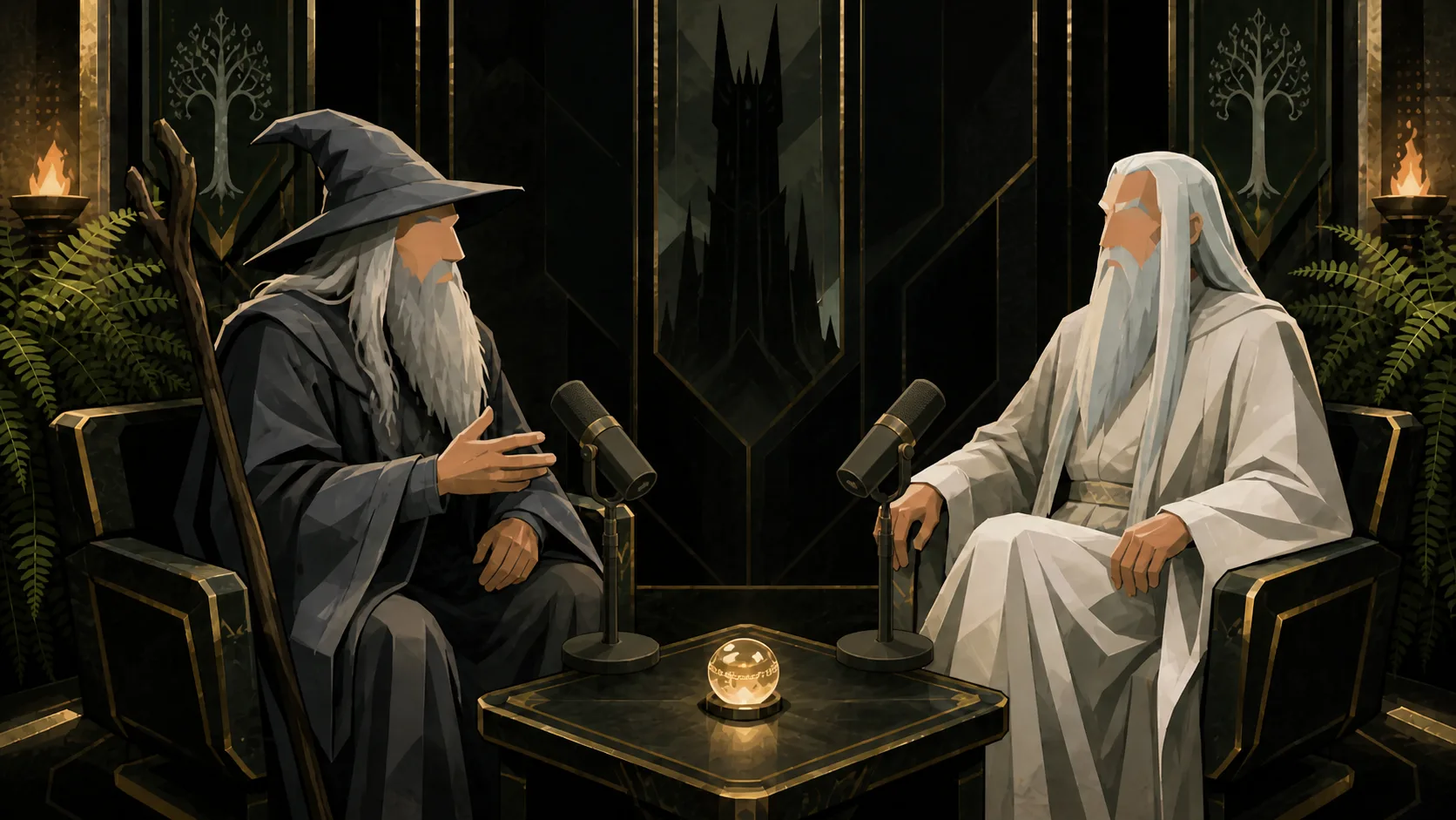 Two wizards mid-podcast in a candlelit fantasy studio, microphones between them and a glowing crystal on the table.