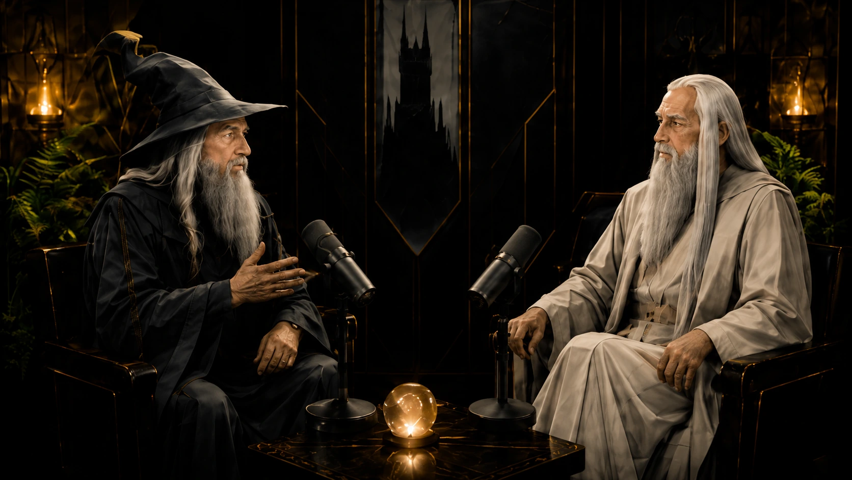 Two wizards mid-podcast in a candlelit fantasy studio, microphones between them and a glowing crystal on the table.